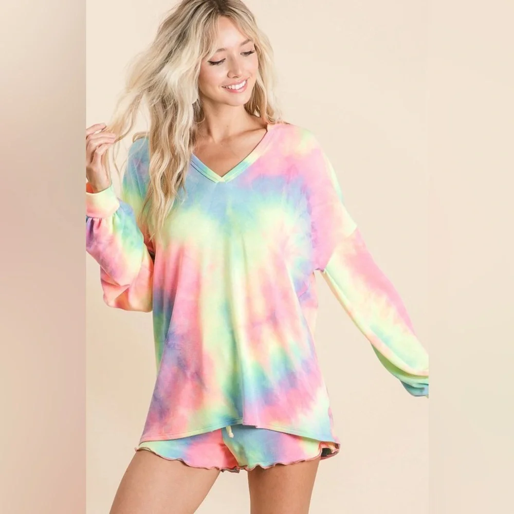 BiBi Tie Dye French Terry Top With Balloon Sleeves - Picture 3 of 5